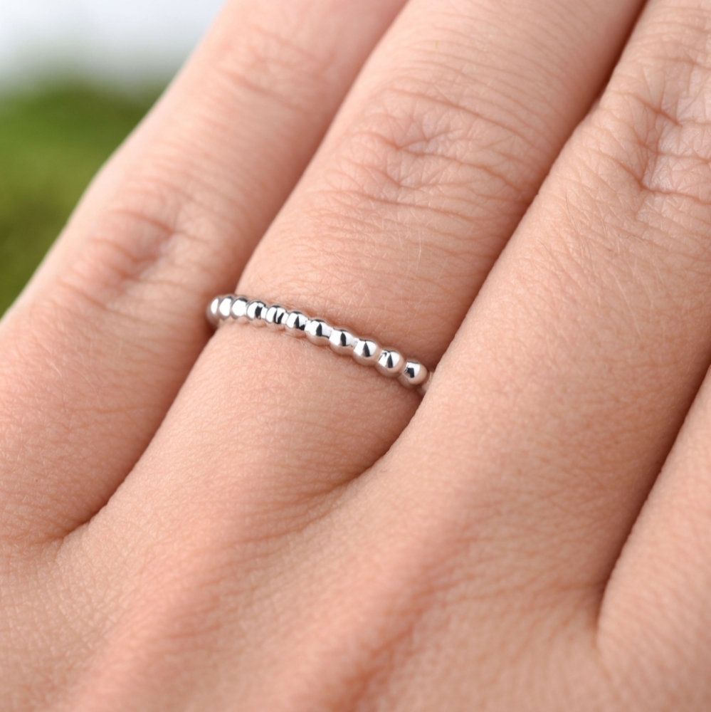 Beaded Dainty 14k White Gold Plated Stacking Ring - Picture 3 of 5